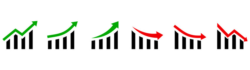 Growth and decline of company profits Isolated vector icon. Company performance indicator. Growing graph icon graph sign. Diagram of increasing and decreasing profits. Profit growth icons on white bac - obrazy, fototapety, plakaty