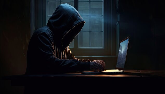 a hooded figure sitting at a computer desk with the computer Generative AI
