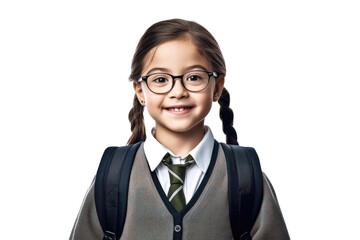 Little student girl with backpack wearing glasses posing on a transparent background