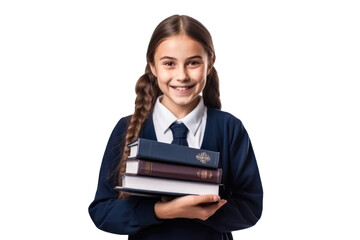 Little student girl with backpack and books posing on a transparent background