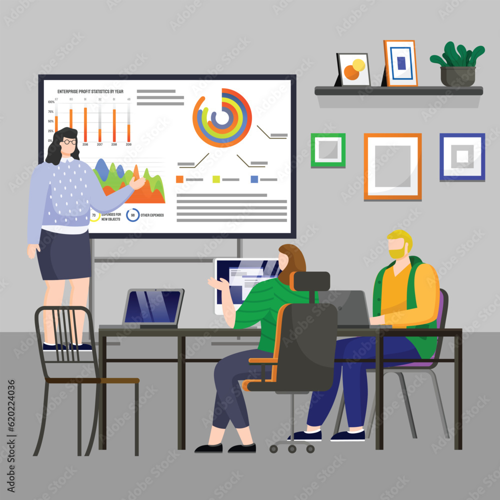 Poster analysts working with diagram at meeting. people work with statistics, business planning, strategy, 