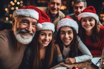 Obraz premium Happy people take family selfie photo together during christmas dinner
