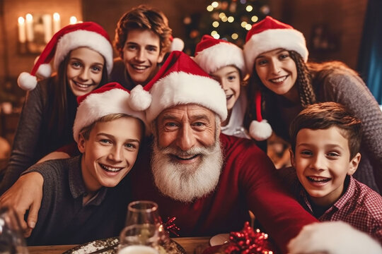 Happy people take family selfie photo together during christmas dinner