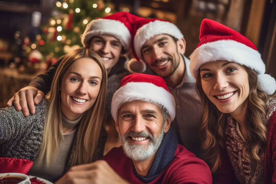 Happy people take family selfie photo together during christmas dinner