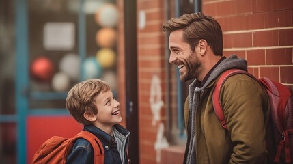 Fototapeta premium Happy Father and Son, Back to School