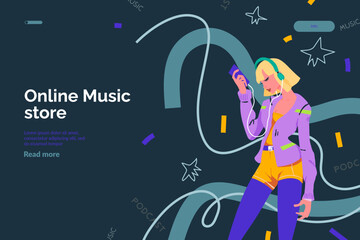 Music banner with Young woman with headphones listening to music. Concept of relaxation, good mood, rest. Flat vector illustration.
