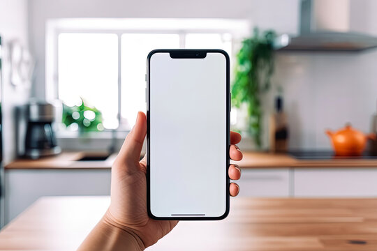 Hand holding smartphone with blank white screen, modern kitchen on background. Generative AI