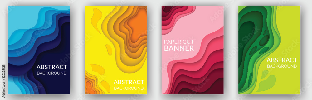 Poster abstract background set with color waves, paper art illustration with liquid figures. dynamic colorf