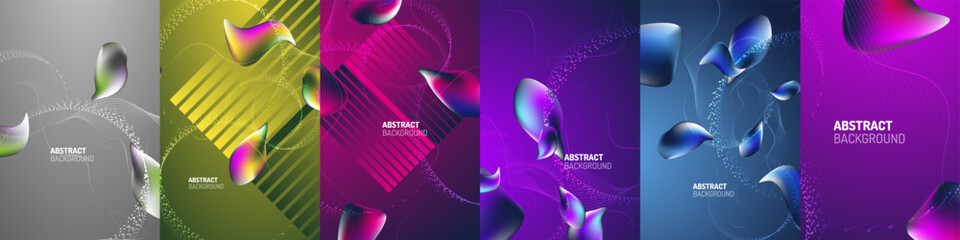 Abstract background vector design set. Captivating Abstract Backgrounds - 3D Fluid Shapes. Immersive designs intertwine fluidly, creating a mesmerizing interplay of light and shadow © antishock