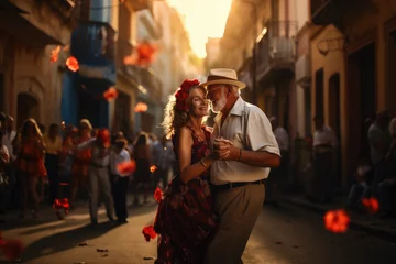 Deurstickers Havana Romantic Rhythms of Havana: An Elderly Couple Dances with Timeless Love in the Streets of Cuba's Capital 