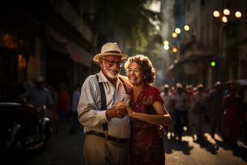 Romantic Rhythms of Havana: An Elderly Couple Dances with Timeless Love in the Streets of Cuba's Capital
 - obrazy, fototapety, plakaty