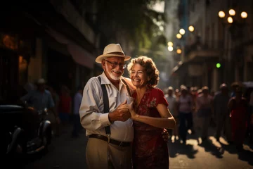 Zelfklevend Fotobehang Havana Romantic Rhythms of Havana: An Elderly Couple Dances with Timeless Love in the Streets of Cuba's Capital 