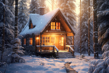 Landscape of wooden house in snow forest, winter fairy tale