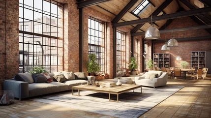 Foto op Canvas Industrial loft with exposed brick walls. Room furnished with industrial-style furniture in black and style furniture in black and white, plenty of natural light, and open space. © Kosal