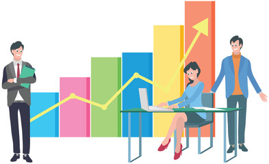 People work with data analysis, statistical indicators, discuss growth of financial charts. Employees analyze business data. Characters work with business research. Businesspeople at meeting in office