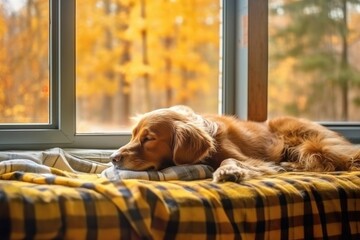 Dreaming dog sleeps on cozy warm windowsill in autumn weather, hygge concept - obrazy, fototapety, plakaty