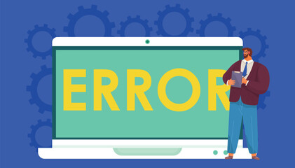 Warning error concept, businessman looking at an internet failure screen on computer, page unavailable. Caution sign on laptop. Concept of technical support, website maintenance services, security