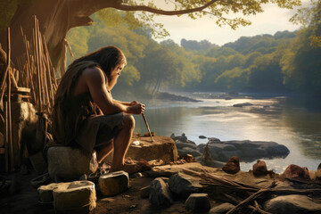 Neanderthal skillfully crafting tools near a lush riverbank, showcasing craftsmanship and early technological advancements