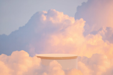 Surreal podium outdoor on blue sky pink gold pastel soft clouds with space.Beauty cosmetic product placement pedestal present stand minimal display,summer paradise dreamy concept.