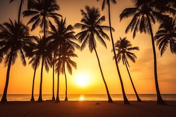 Obraz na płótnie Canvas Palm Trees Silhouettes On Tropical Beach At Sunset. Ai generative.