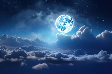 Obraz na płótnie Canvas Romantic Moon In Starry Night Over Clouds. Ai generative.