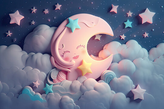 Fototapeta Cute pink sleeping moon on clouds with stars, created with Generative AI