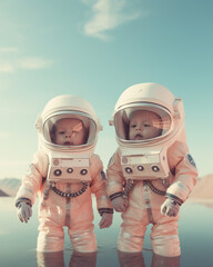 Generative ai little cute twins brothers astronaut wearing spacesuit