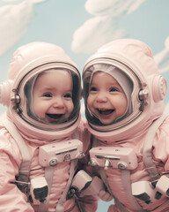 Generative ai little cute twins brothers astronaut wearing spacesuit - obrazy, fototapety, plakaty