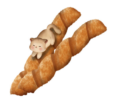 recommend clip art: Cat sliding on cheese twist Watercolor drawing hand drawn illustration
