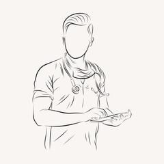 illustration line drawing of a young medical doctor wearing uniform