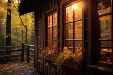 Cozy wooden house in the autumn forest