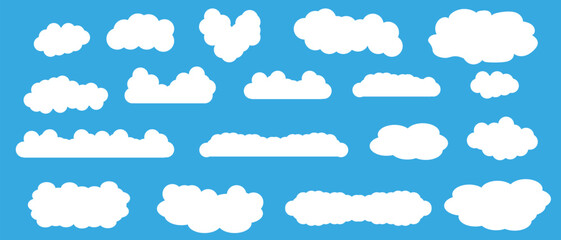 Set of Cartoon White Clouds isolated on blue background. Collection of Flat Clouds. Vector illustration.