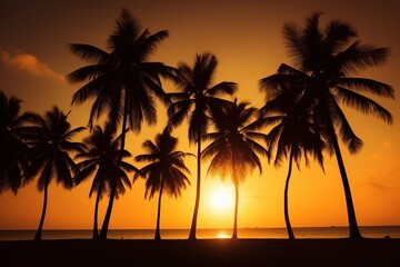 Naklejka na ściany i meble Palm Trees Silhouettes On Tropical Beach At Sunset. Ai generative.