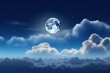 Naklejka na ściany i meble Romantic Moon In Starry Night Over Clouds. Ai generative.