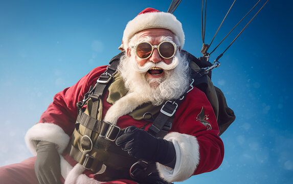 Santa Claus delivers gifts by parachuting