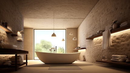 Scandinavian interior of bathroom with stylish washbasin, white brick wall, mirror and green leaves of plants. Bath and hygiene in spa. Panoramic.