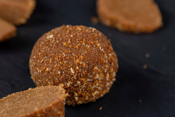 delicious round chocolate candy made of cocoa and sugar