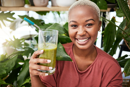 Health, diet and smile with black woman and smoothie for detox, breakfast and protein. Nutrition, food and weight loss with face of person and drink for green juice, vitamins and supplement