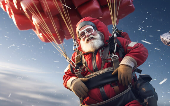 Santa Claus delivers gifts by parachuting