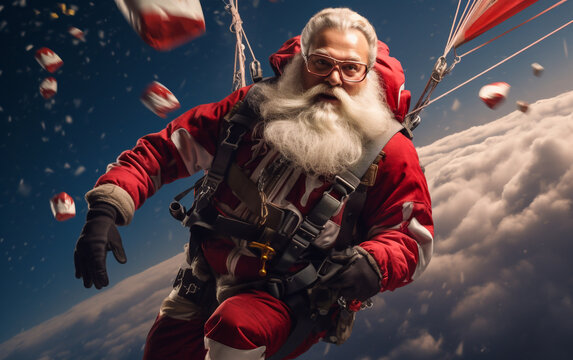 Santa Claus delivers gifts by parachuting