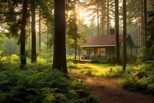 Cozy wooden house in calm forest