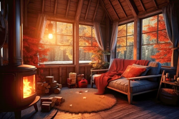 Interior of a cozy warm wooden house in autumn weather, hygge concept
