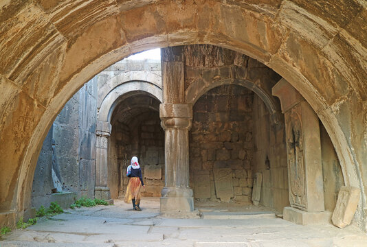 Amazing Interior of Haghpat Medieval Monastery with Group of Armenian Cross Stones or Khachkar, Lori Province, Armenia