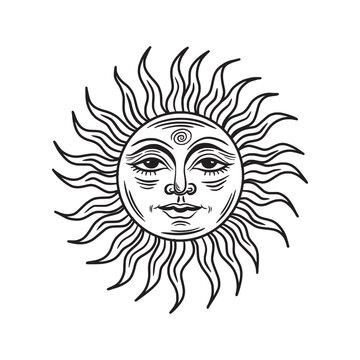 Sun with a face. hand drawing style, engraving. Mystical element for design in boho style, logo, tattoo