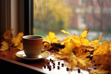 Warming autumn drinks in cold rainy weather, hygge concept - obrazy, fototapety, plakaty