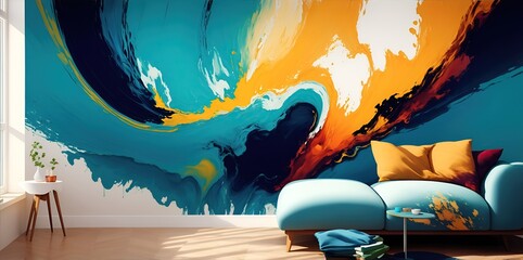 Furniture on the background of an abstract colored wall in the interior.