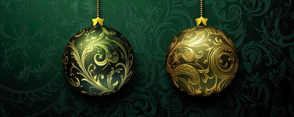 Luxury baubles card, season greetings with holiday decoration, Christmas ornaments, shiny sphere, winter, invitation, xmas.