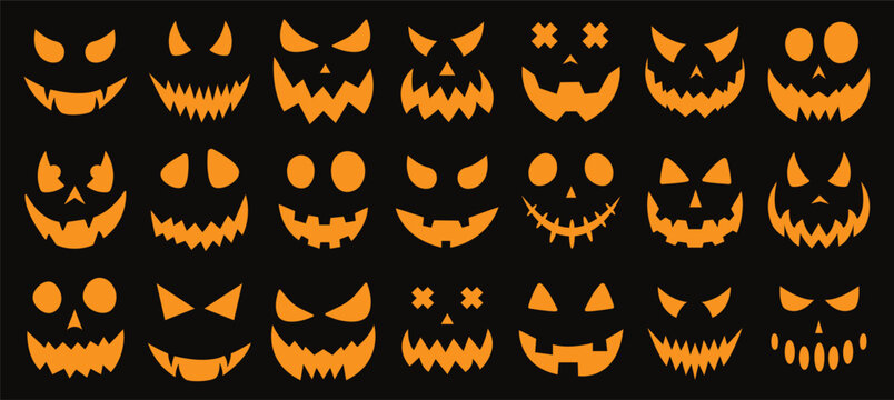 Vector set of scary pumpkin faces. Spooky faces icons. Vector illustration