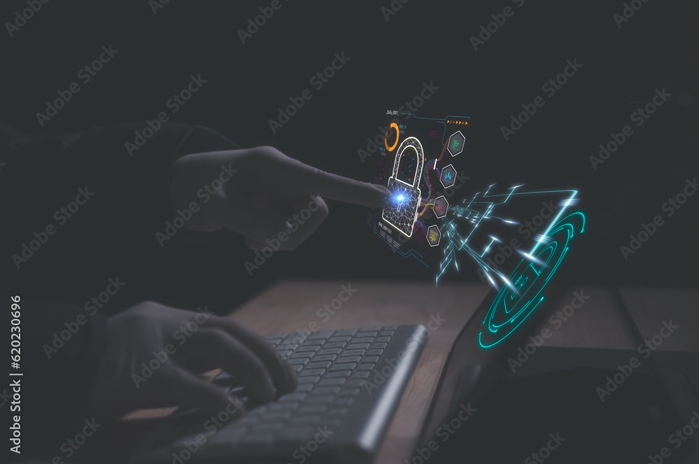 Aufkleber hacker computer crime protection concept, cyber security privacy data protection protecting business