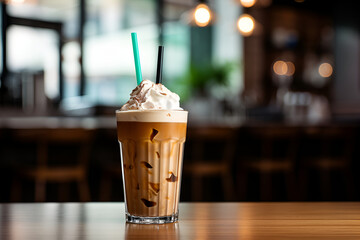 A tall glass of iced latte coffee with milk cream on a wooden counter bar over a cafe glass window reflex at a Cafe coffee shop. Cold brew refreshment summer drink with copy space Selective focus.